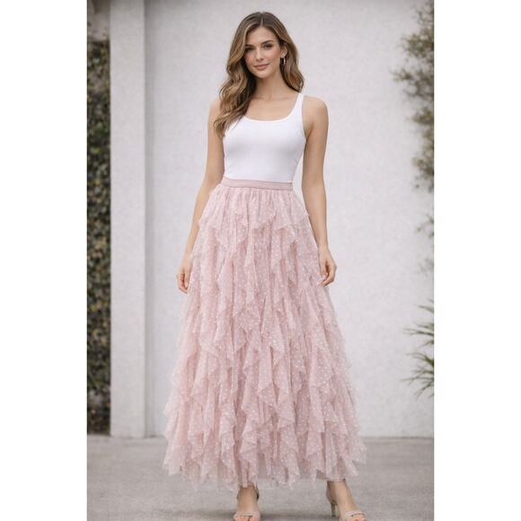 SOHO Apparel Ltd Dresses & Skirts - Fairy Coquette Tiered Tulle Maxi Skirt Ruffle Layers Dusty Rose Romantic XL